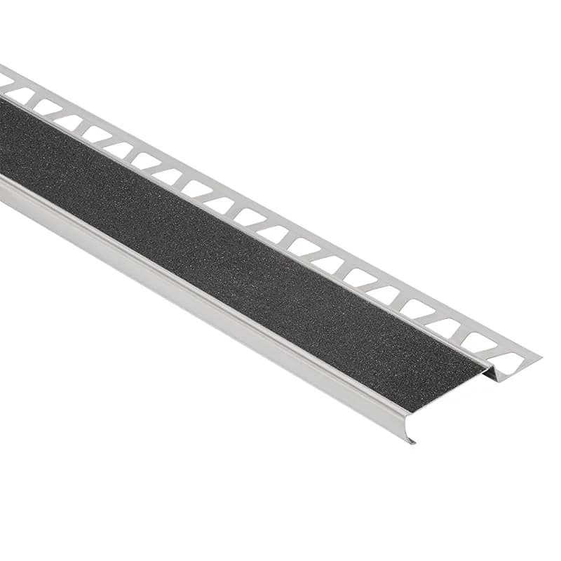 Schluter-TREP-G-B Brushed Stainless Steel Wide Stair Nosing Profile With R11 Graphite Black Anti-Slip Tread 2.5m