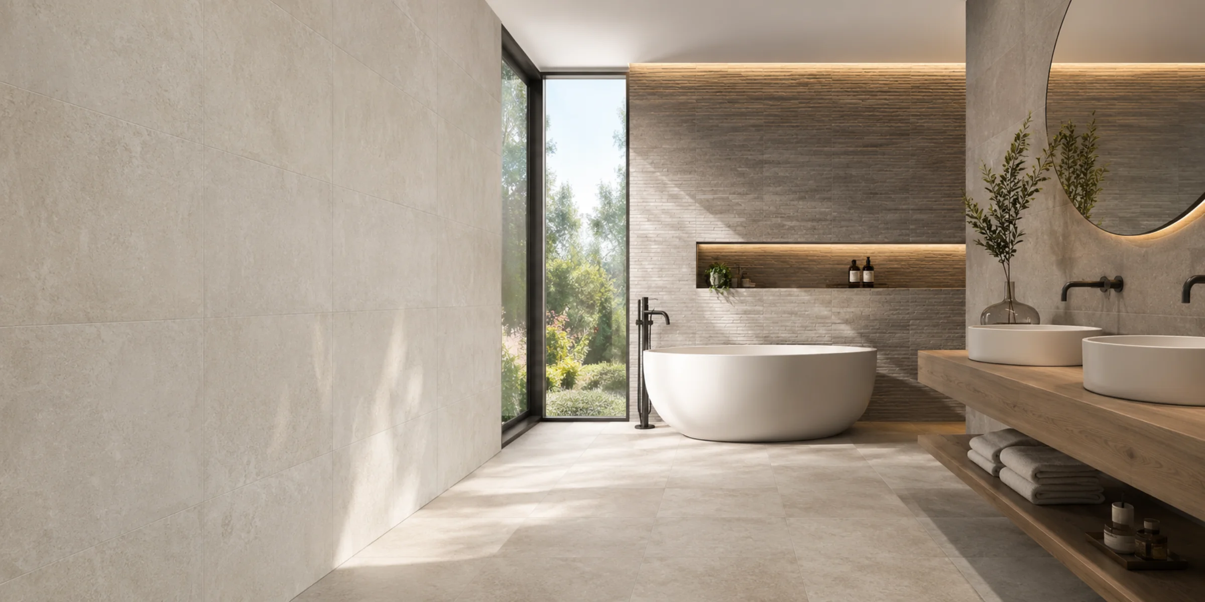 Luxury bathroom with stone-effect wall and floor tiles, freestanding bath and natural light