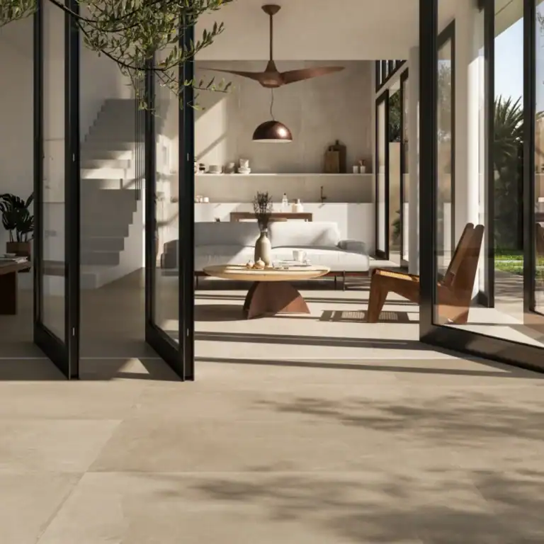 Osaka Avorio concrete-effect beige tile bedroom