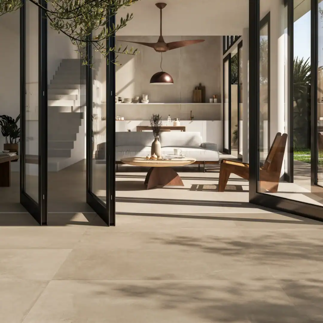 Osaka Avorio concrete-effect beige tile bedroom