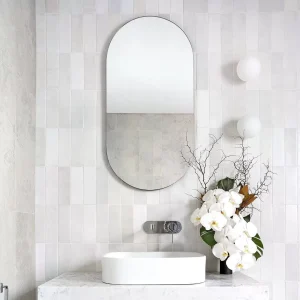 Bathroom showing Camden white ceramic wall tiles, metro shaped.