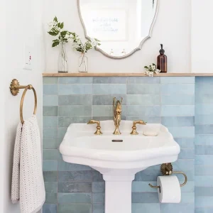 Bathroom showing Camden aqua ceramic wall tiles, metro shaped.