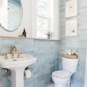 Bathroom showing Camden aqua ceramic wall tiles, metro shaped.