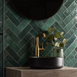 bathroom showing Camden green ceramic wall tiles, metro shaped.