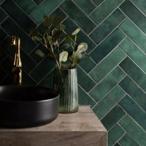 bathroom showing Camden green ceramic wall tiles, metro shaped.