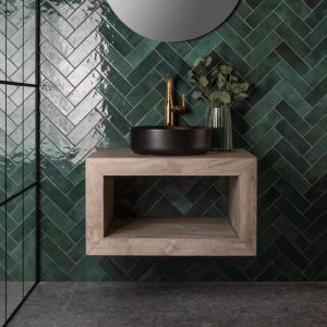 bathroom showing Camden green ceramic wall tiles, metro shaped.