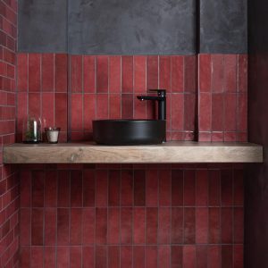 bathroom showing Camden garnet ceramic wall tiles, metro shaped.