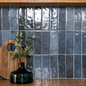kitchen showing Camden blue ceramic wall tiles, metro shaped.
