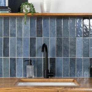 kitchen showing Camden blue ceramic wall tiles, metro shaped.