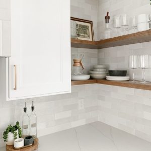 kitchen showing Camden white ceramic wall tiles, metro shaped.