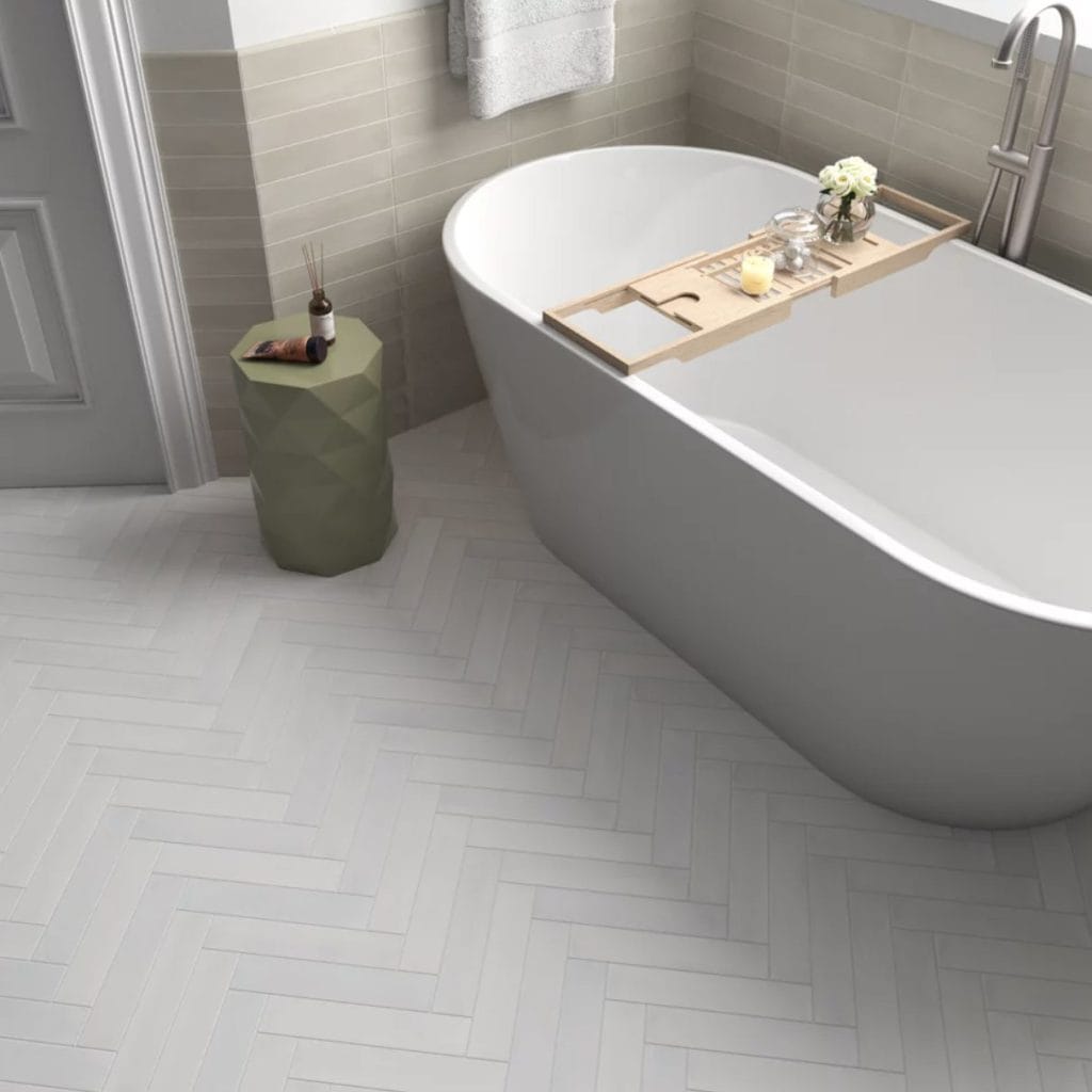 room showing Helsinki White porcelain tiles, metro shaped.