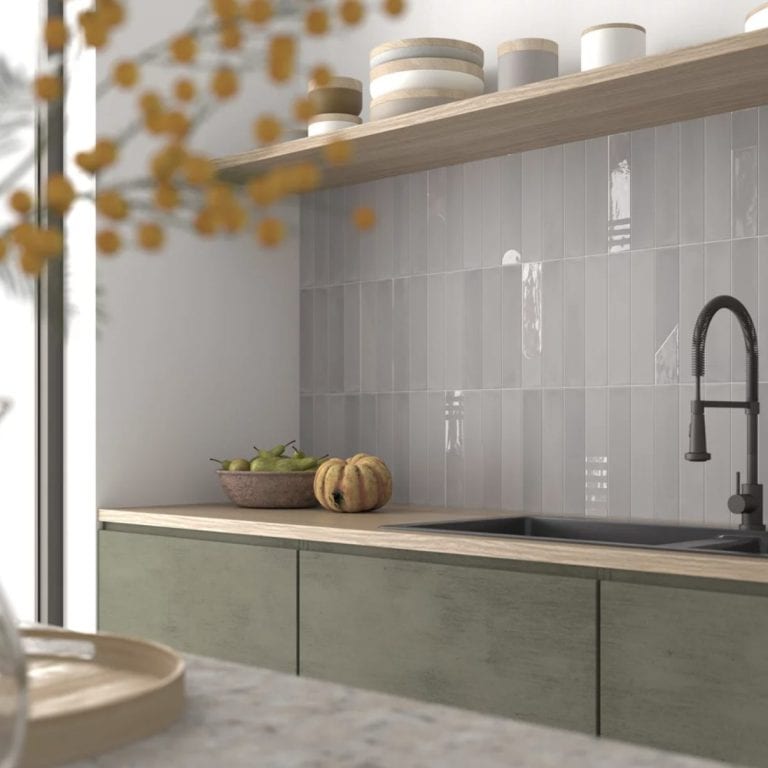 room showing Helsinki light grey porcelain tiles, metro shaped.