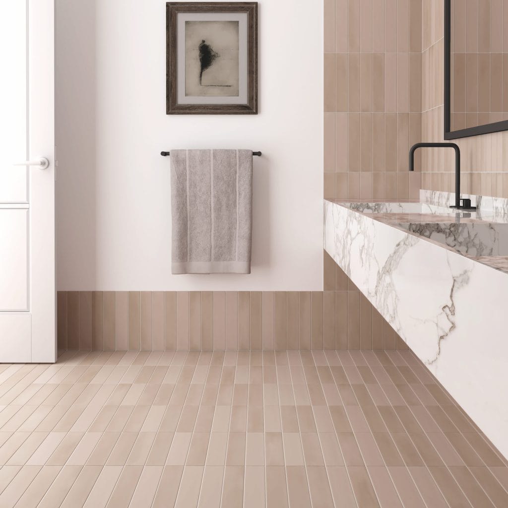 room showing Helsinki taupe porcelain tiles, metro shaped.