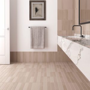 room showing Helsinki taupe porcelain tiles, metro shaped.