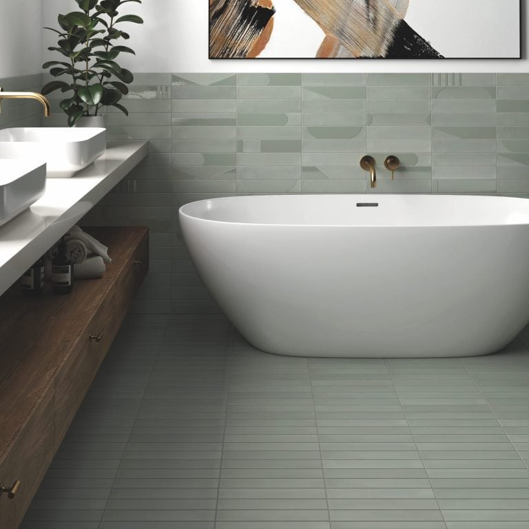 room showing Helsinki mint porcelain tiles, metro shaped.