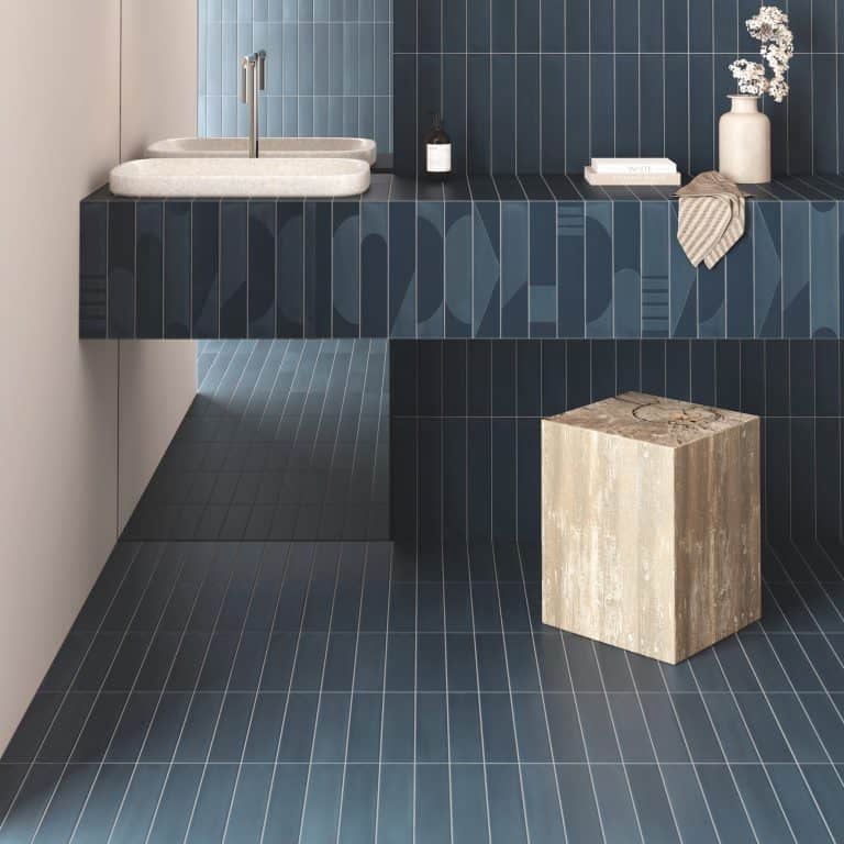 room showing Helsinki blue porcelain tiles, metro shaped.
