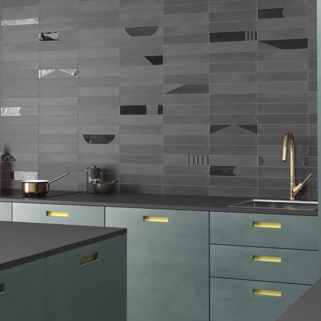 room showing Helsinki dark grey porcelain tiles, metro shaped.