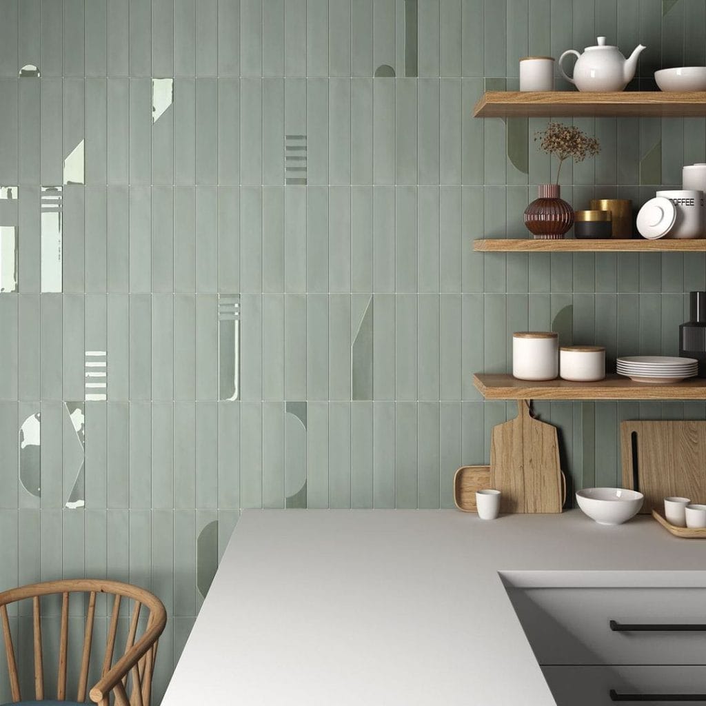 room showing Helsinki mint porcelain tiles, metro shaped.