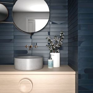 room showing Helsinki blue porcelain tiles, metro shaped.