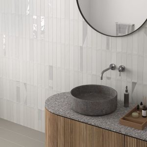 room showing Helsinki white porcelain tiles, metro shaped.