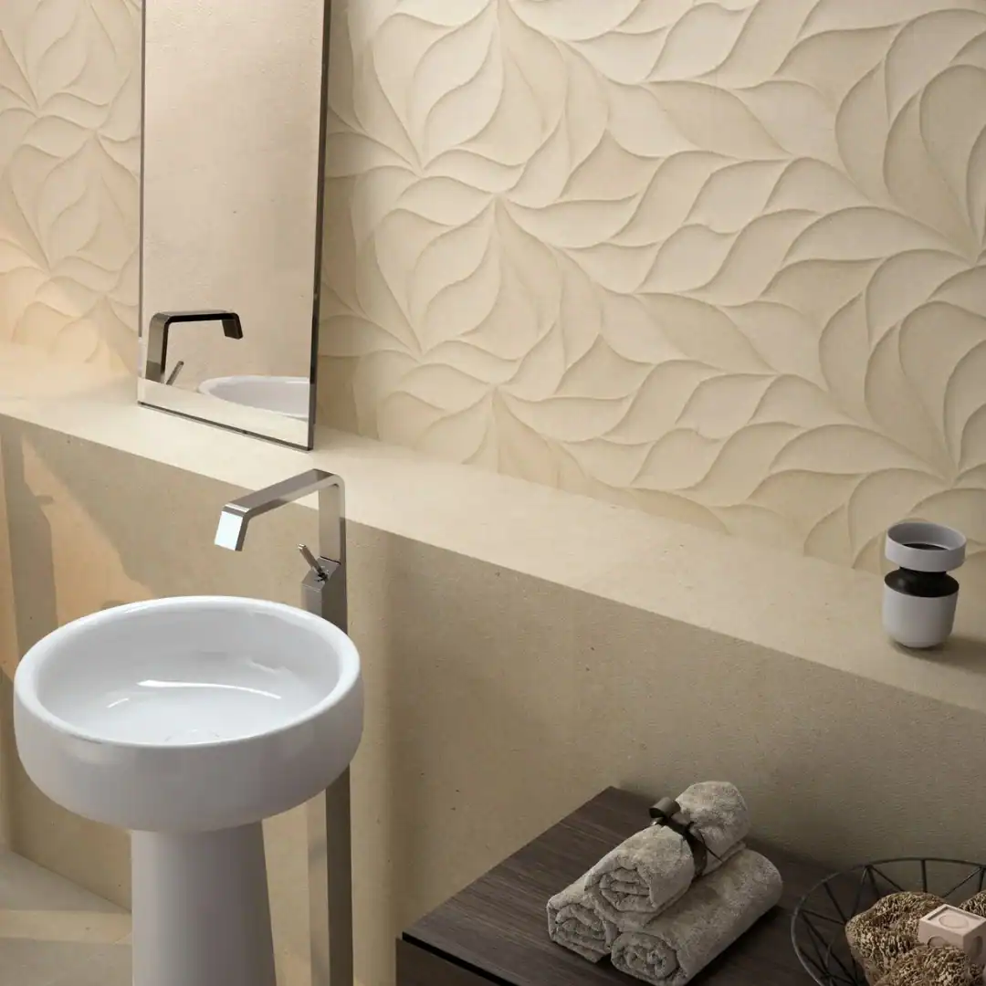 cream leaves relief tile