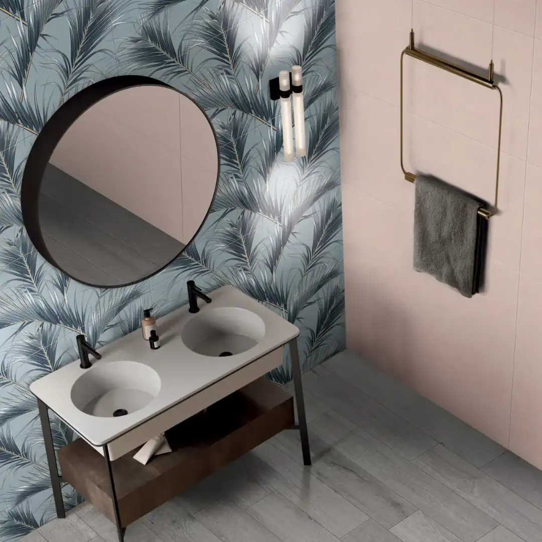 Palm Decor, palms patterned porcelain tile setting