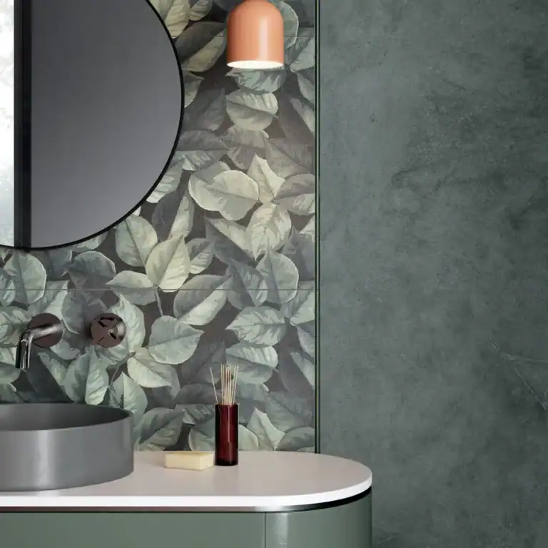 Foliage Decor leaves pattered porcelain tile bathroom setting