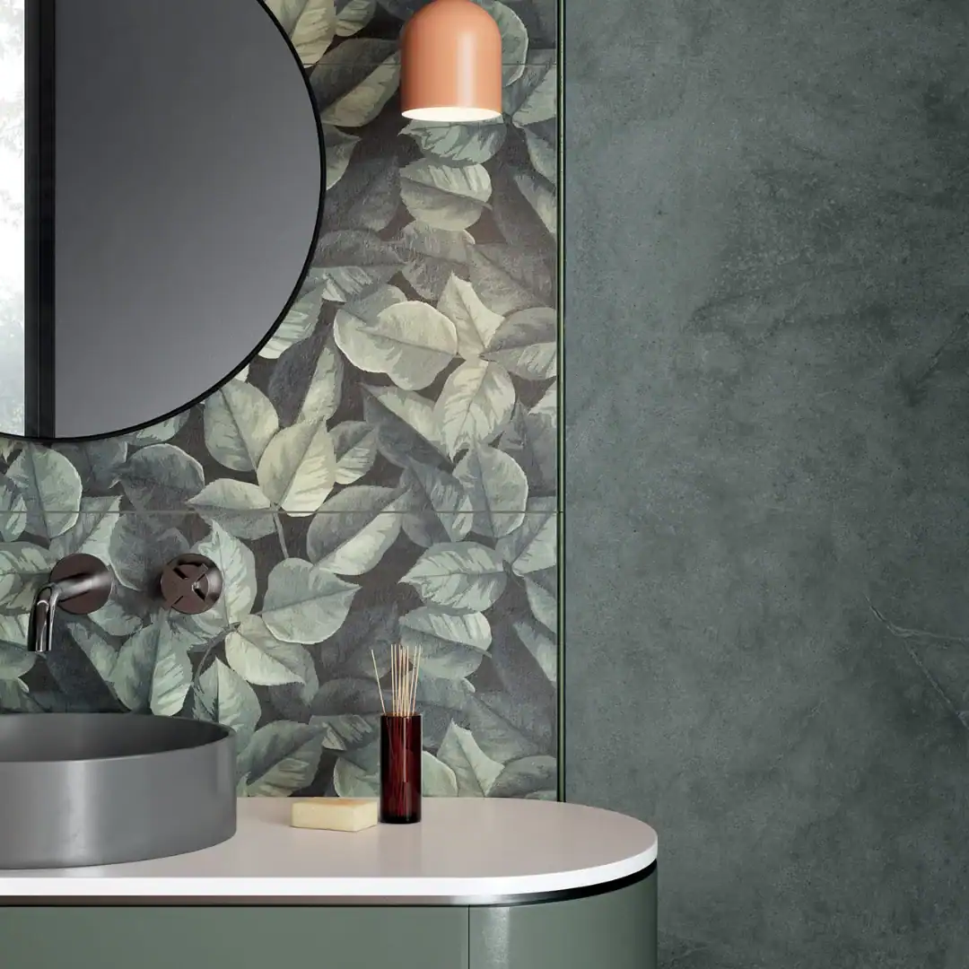 Foliage Decor leaves pattered porcelain tile bathroom setting
