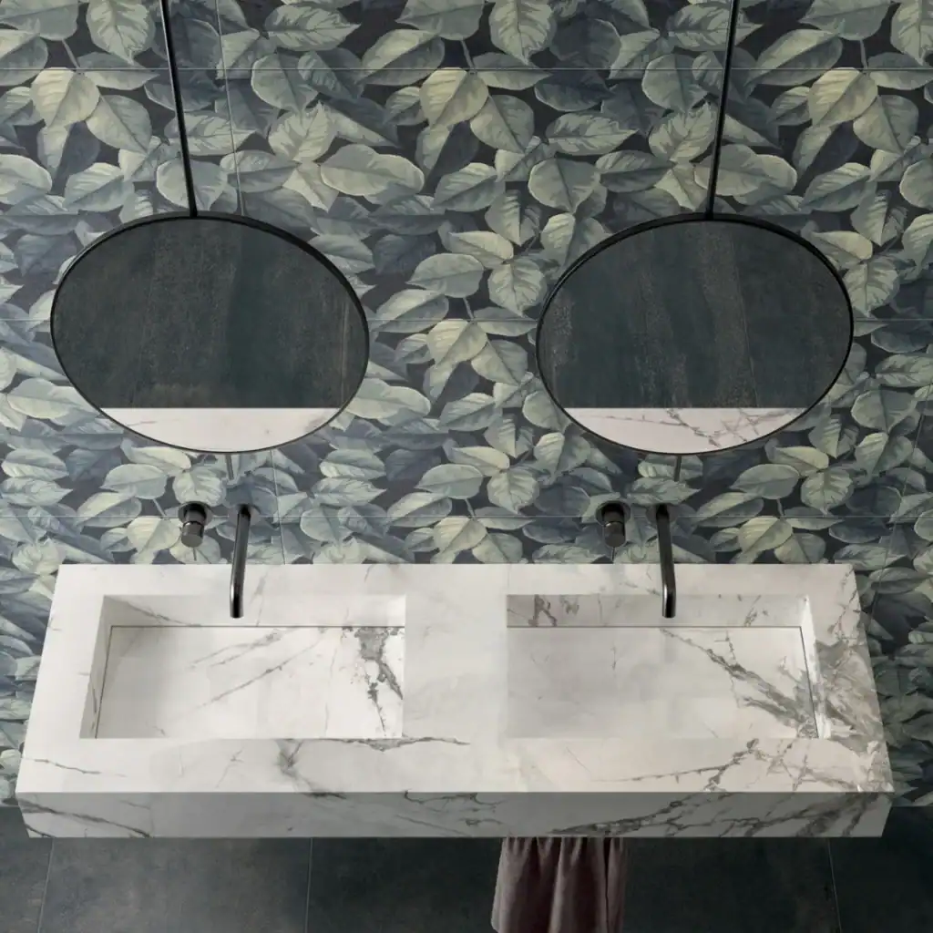 Foliage Decor leaves pattered porcelain tile bathroom setting