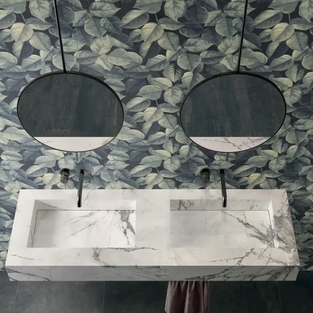 Foliage Decor leaves pattered porcelain tile bathroom setting