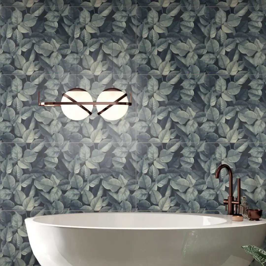 Foliage Decor leaves pattered porcelain tile bathroom setting
