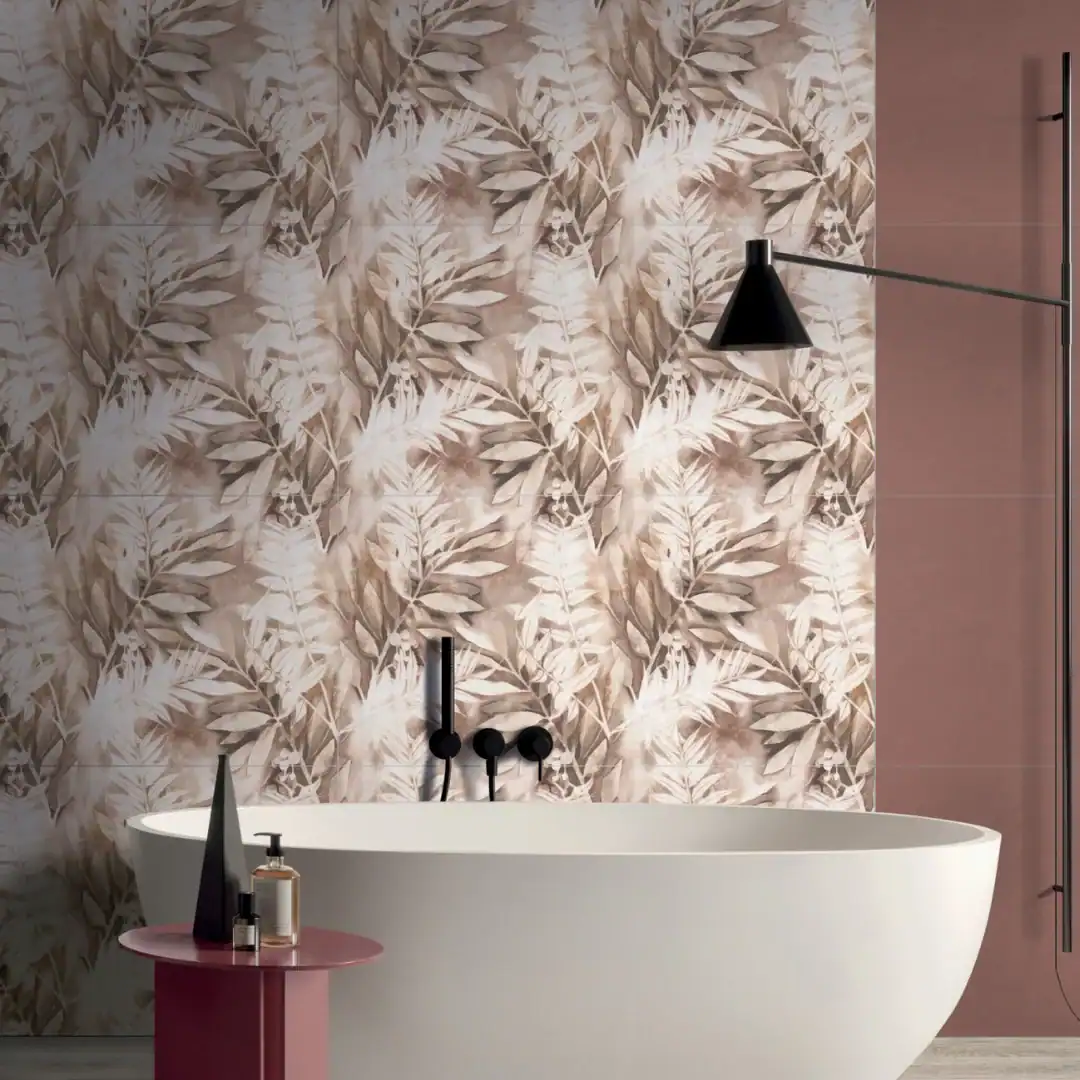 Fern Decor taupe patterned porcelain tile bathroom