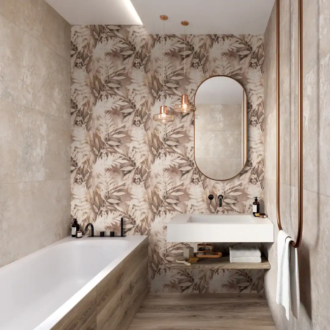 Fern Decor taupe patterned porcelain tile bathroom