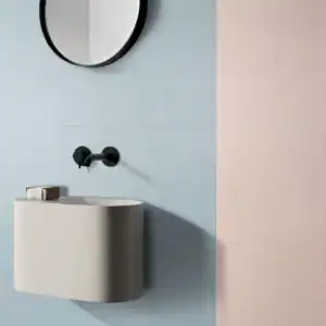 Plain sky light blue porcelain tile setting