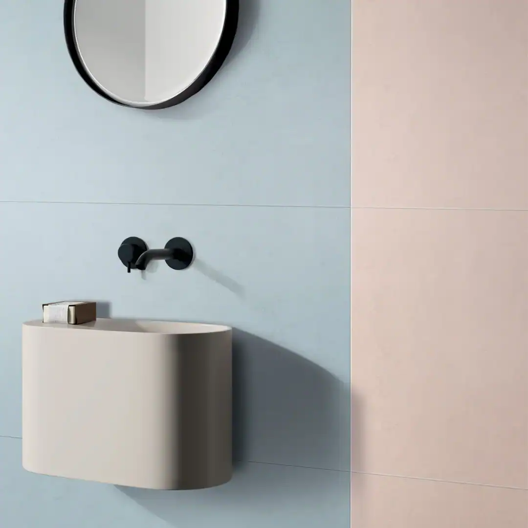 Plain sky light blue porcelain tile setting