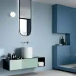 Plain sky light blue porcelain tile setting