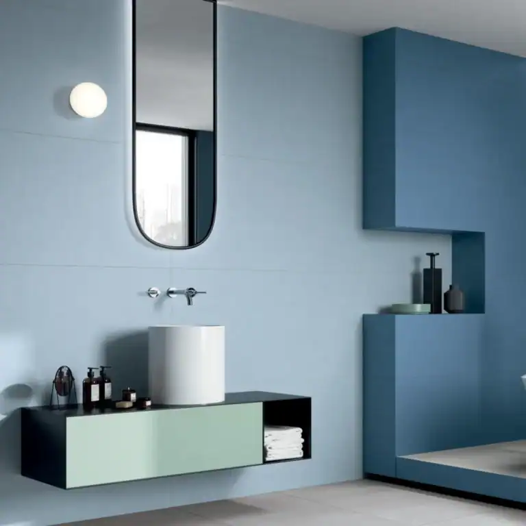 Plain sky light blue porcelain tile setting